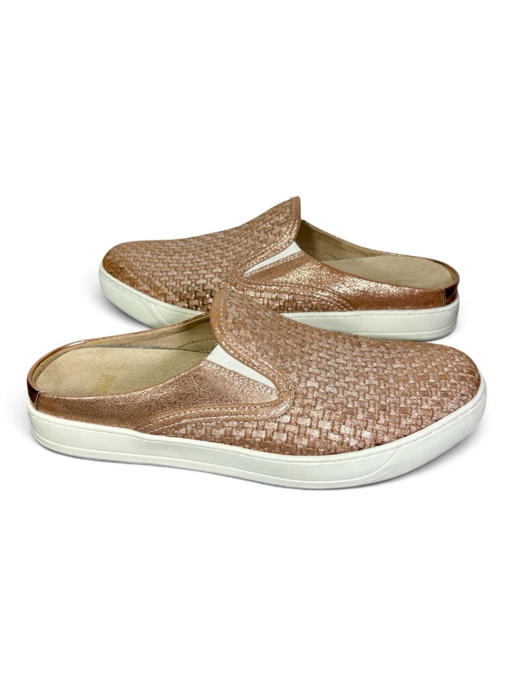 Johnston & Murphy Metallic Woven Slip-On Mules in Rose Gold- womanโs 9.5
